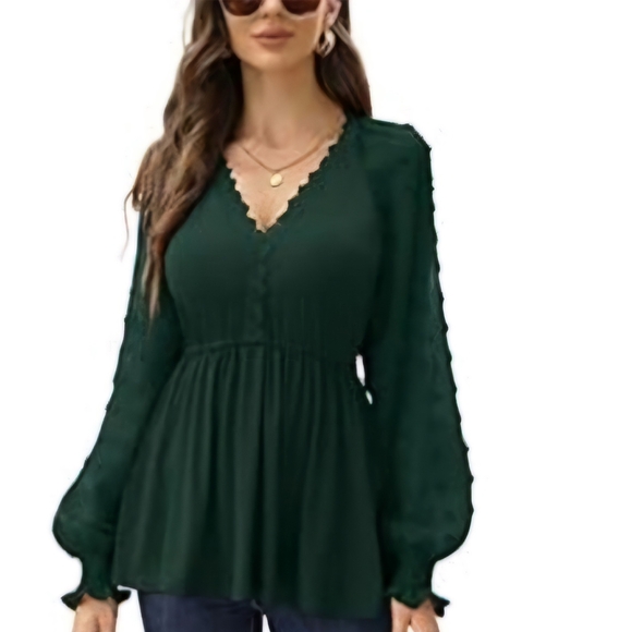 Green V-Neck Boho Top Sheer Sleeve Top - Picture 1 of 4